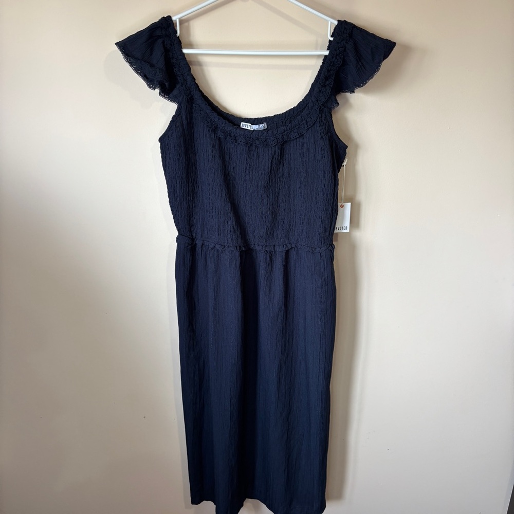 Devoted Women’s Chic Navy Midi Dress with Ruffled Sleeves & Pockets